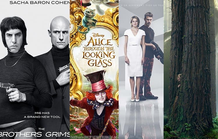 Plakáty Můj kamarád drak, Grimsby, Série Divergence: Aliance, Alenka v říši divů: Za zrcadlem, Triple 9